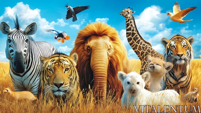 Wild savanna animals pose together under vivid blue sky