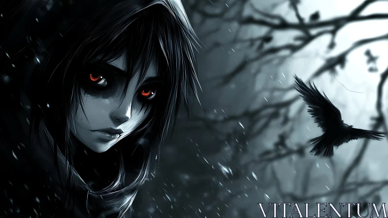 Hooded figure with red eyes in monochrome forest scene.