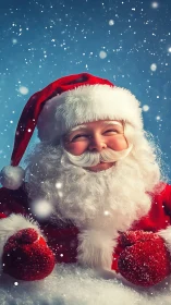 Smiling Santa Claus glows warmly in a snowy winter night