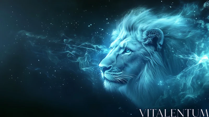 Celestial neon lion head emerges from luminous cosmic nebula