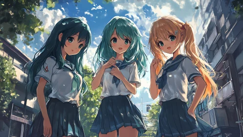 Three schoolgirls in sailor uniforms outdoors under sky.