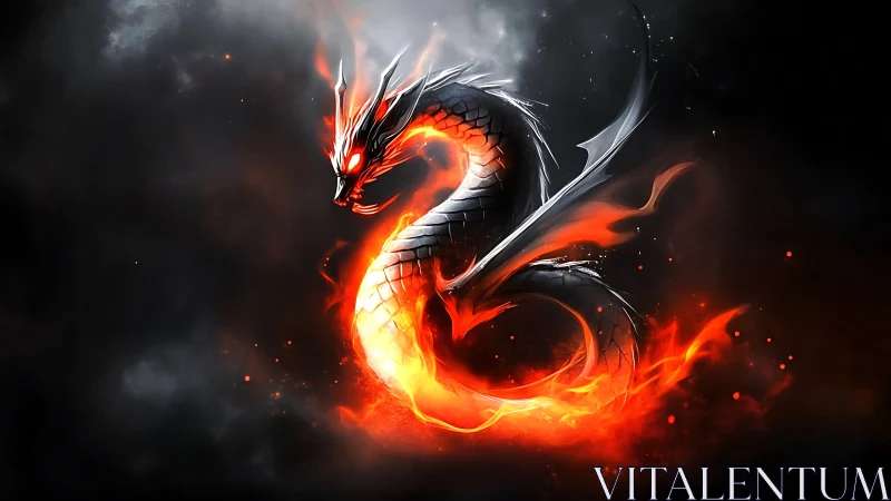 Infernal serpentine dragon coiled in blazing chromatic fire.