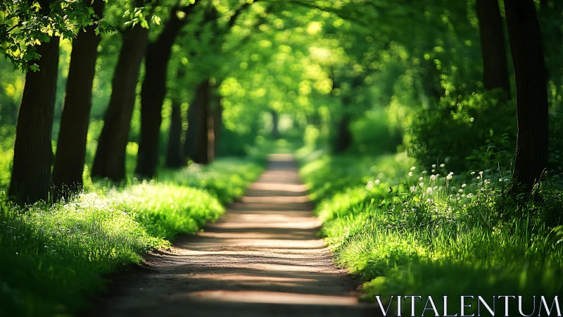 Sunlit Forest Path with Lush Greenery in a Serene Natural Setting.