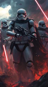 Armored storm soldiers stride through lava lit twilight war