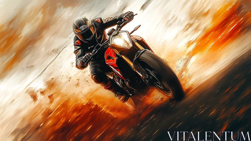 High-speed sport motorcycle leans into corner with dynamic motion blur