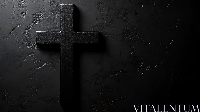 Quiet black cross resting in gentle, shadowed light.