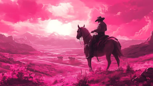 Cowboy on horseback in neon magenta cinematic frontier light.