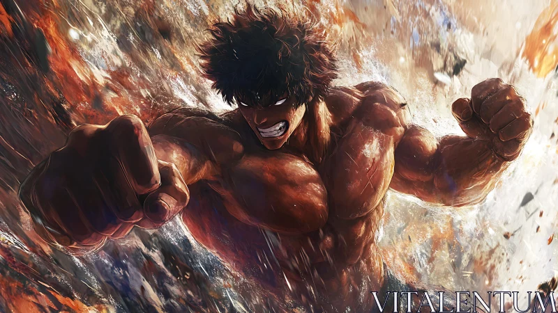 Powerful anime fighter launches punch through debris.