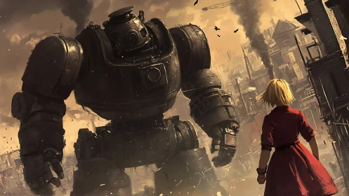 Industrial robot confronts lone figure in ruined cityscape