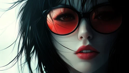 Digital portrait depicts close view of woman in red glasses