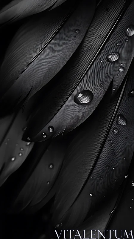 Black feathers with dewdrops capture quiet, glossy elegance.