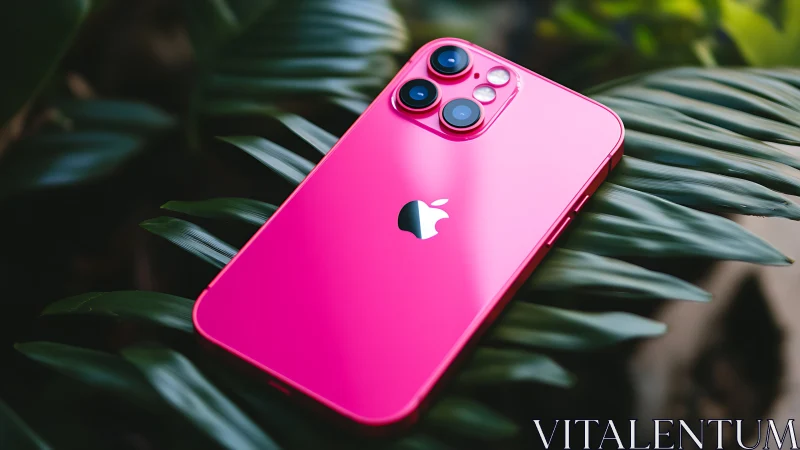 Vibrant Pink iPhone on Tropical Leaves.