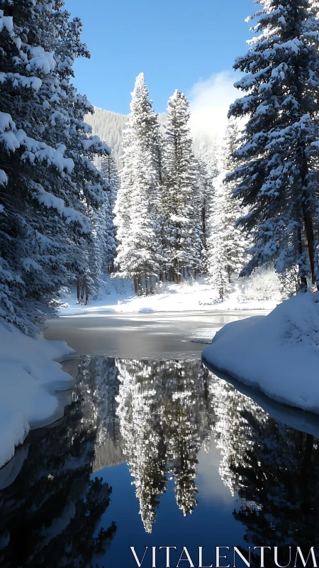 Snow laden pines reflect crisply on partially frozen river