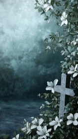Weathered stone cross amid soft teal mist and lilies.