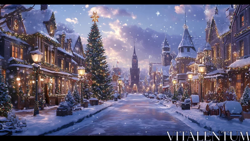 Snow covered town street shows illuminated Christmas decorations