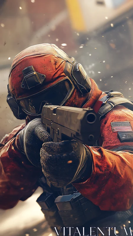 Tactical operator aiming sidearm in dynamic urban firefight