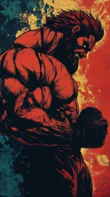 Ferocious muscular warrior in stylized grunge comic art.