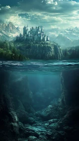 Majestic Fantasy Castle Positioned Upon Rocky Cliff Above Submerged Cavern Depths