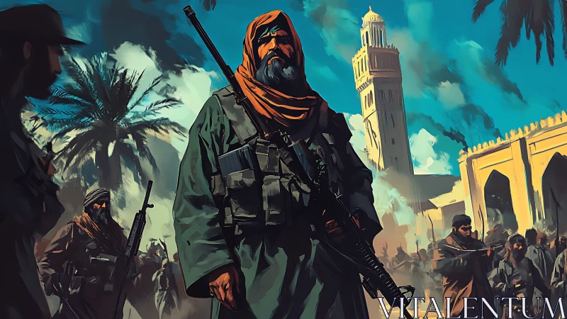 Armed group stands in urban square beside tower and palms