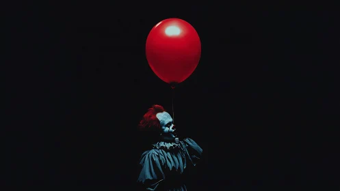 Mysterious clown in darkness beneath a single red balloon.