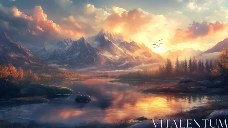 Sunrise crowns the alpine peaks in molten watercolor light.
