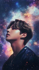 Young man in profile against vivid cosmic galaxy sky.