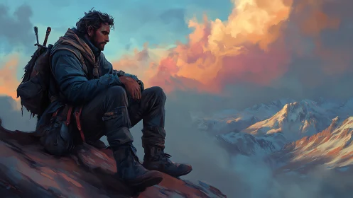 Solitary mountain trekker rests above glowing sunset peaks