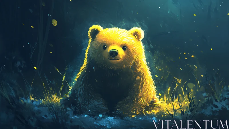 Backlit bear cub rendered with high-contrast nocturnal lighting