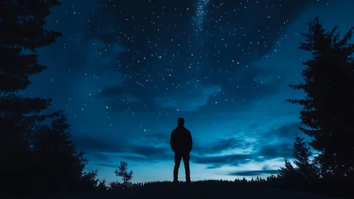 Lone stargazer stands beneath a deep blue, dreamlike night sky