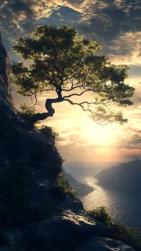 Solitary cliffside tree above river at low sunset glow.
