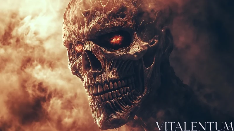 Burning skeletal demon head in dense swirling smoke.