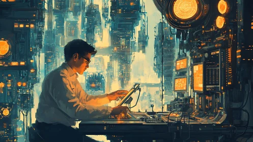 Cyberpunk analyst studies neon data grids in teal glow.