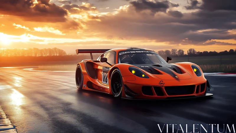 Orange GT race car on wet circuit at low sun period.