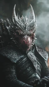 Draconic warlord in black plate armor under stormlight.