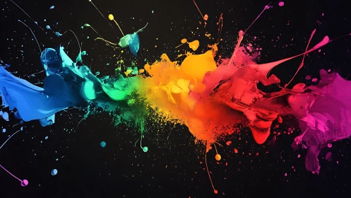 Colorful paint splash bursts across a deep black background