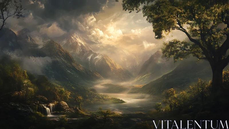Dramatic alpine valley lake with waterfalls and stormlit peaks