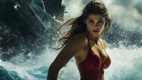 Fearless woman in red swimsuit facing stormy crashing waves.