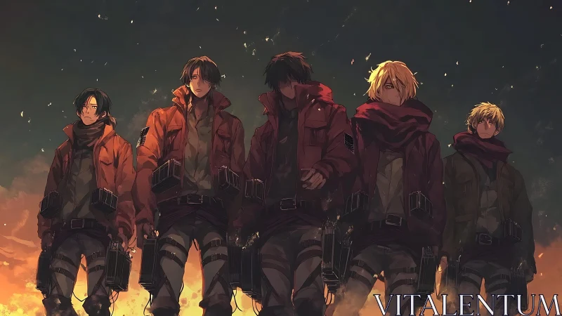 Stormlit squad of weary heroes marching through ember dusk.