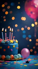 Vibrant Birthday Celebration with Lit Candles and Bokeh Backdrop.