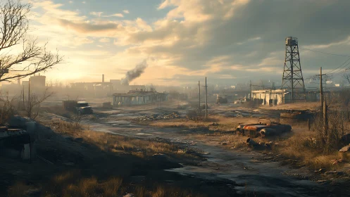 Postapocalyptic industrial wasteland under dusk light.