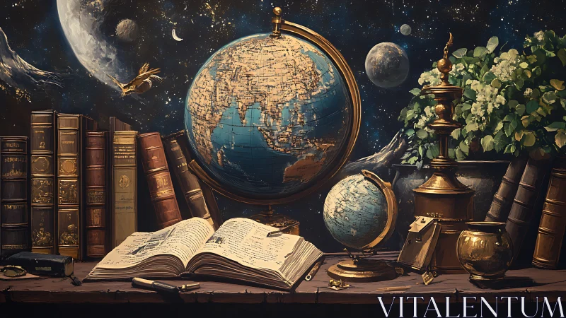 Celestial cartography still life with globes and archival books.