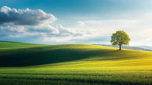 Lone hillside tree conducts sunlight across rolling fields