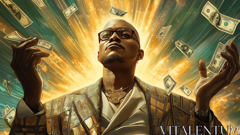 Confident man in golden light surrounded by flying money.