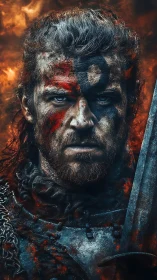 Battle-scarred warrior gazing through firelit twilight.