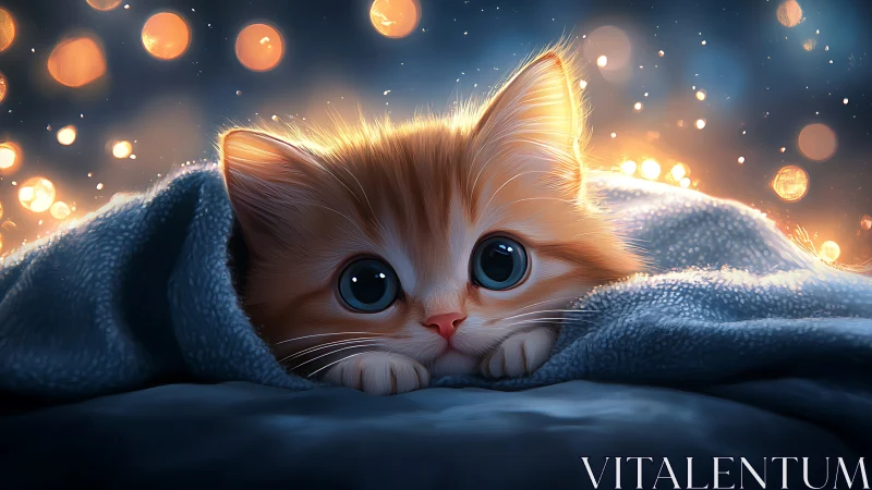 Kitten Wrapped in Blanket Under Golden Bokeh Lights.