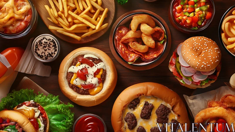 Assorted fast food burgers, fries and sides arranged on table