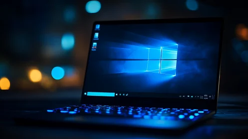 Windows laptop on desk with illuminated blue keyboard.