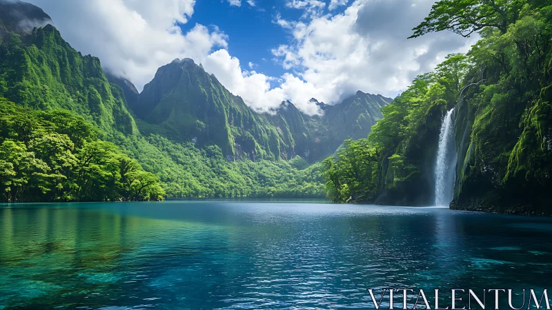 Tropical mountain lagoon with cascading waterfall and clouds.