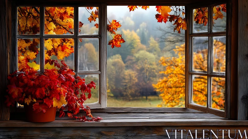 Cozy autumn window view with glowing leaves and forest calm.