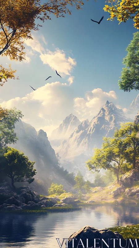 Morning light over serene alpine lake and soaring birds.